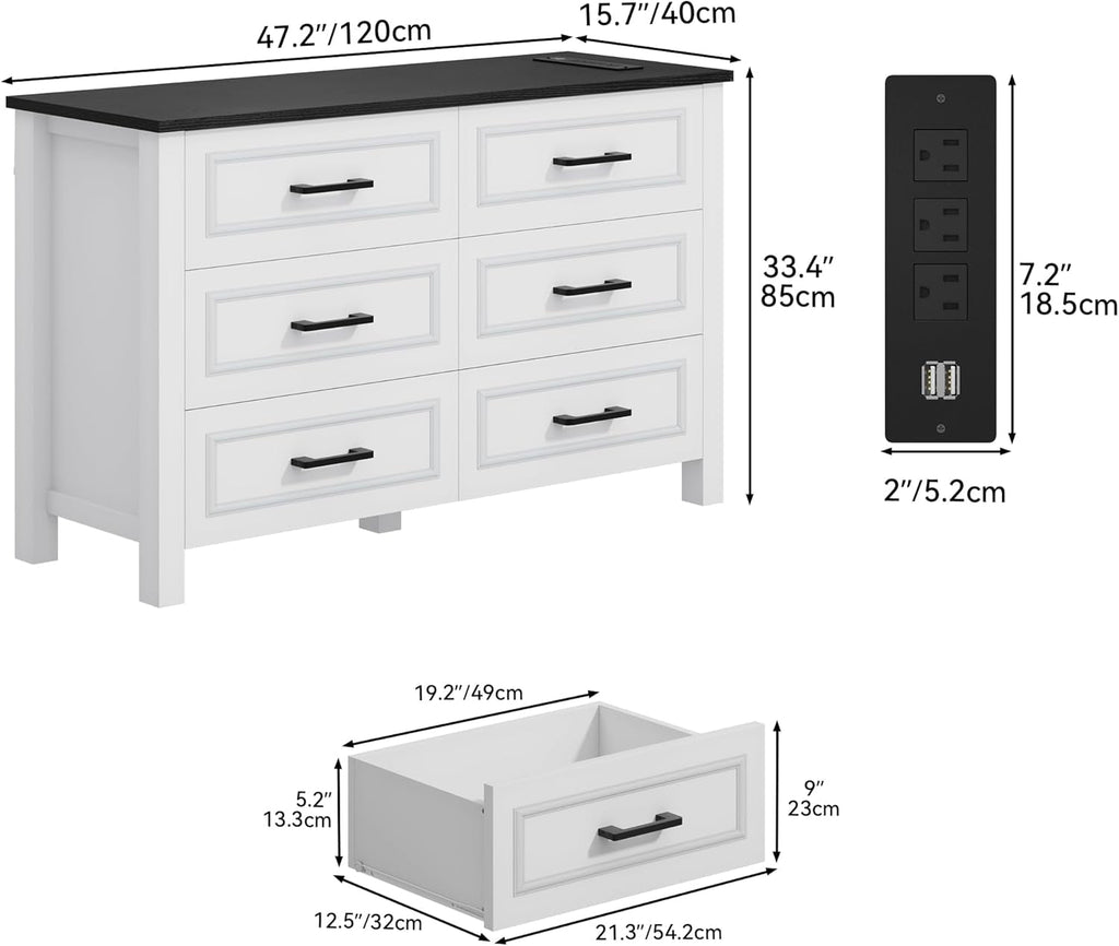 6 Drawer Dresser With Built In Power Outlet White And Black