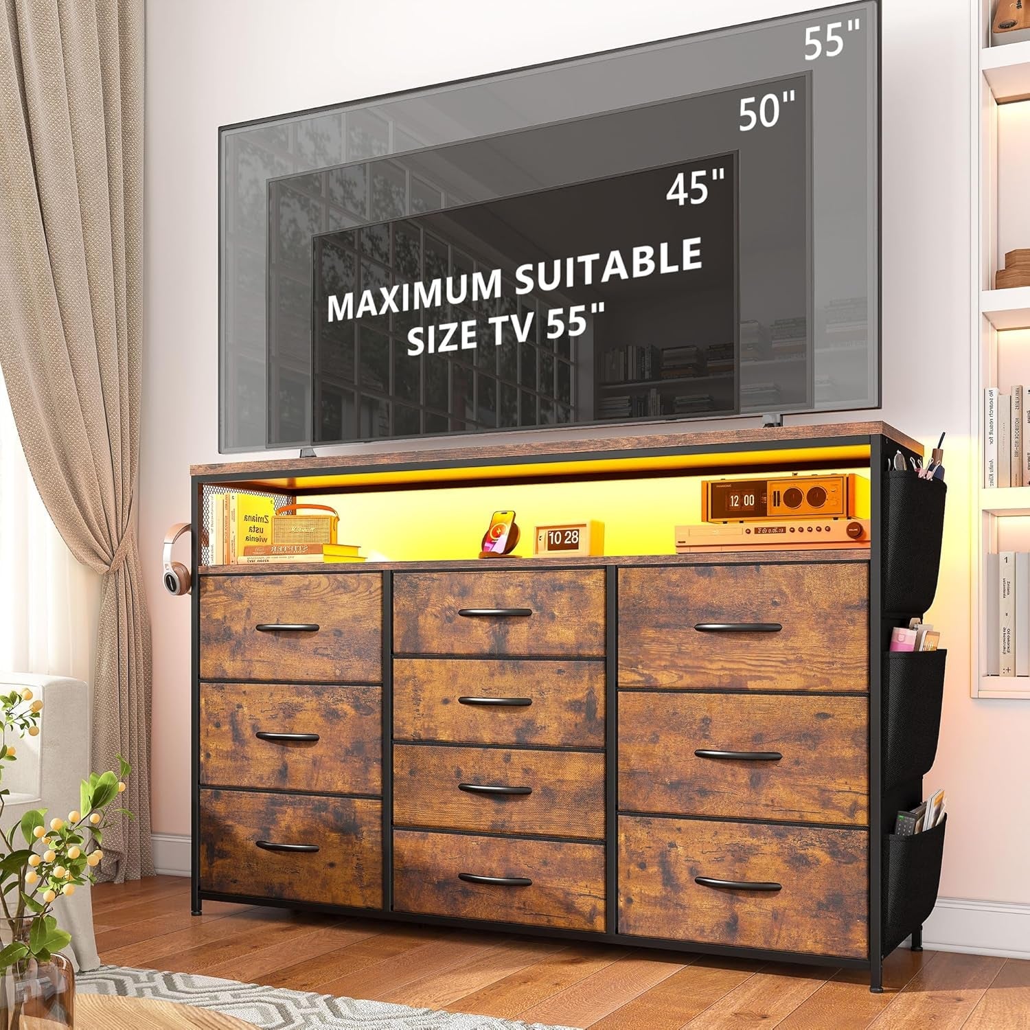 55In TV Stand Dresser With 10 Fabric Drawers And LED Lights