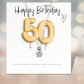 50th Birthday Cubic Zirconia Silver Necklace, Gold Balloons Gift Card