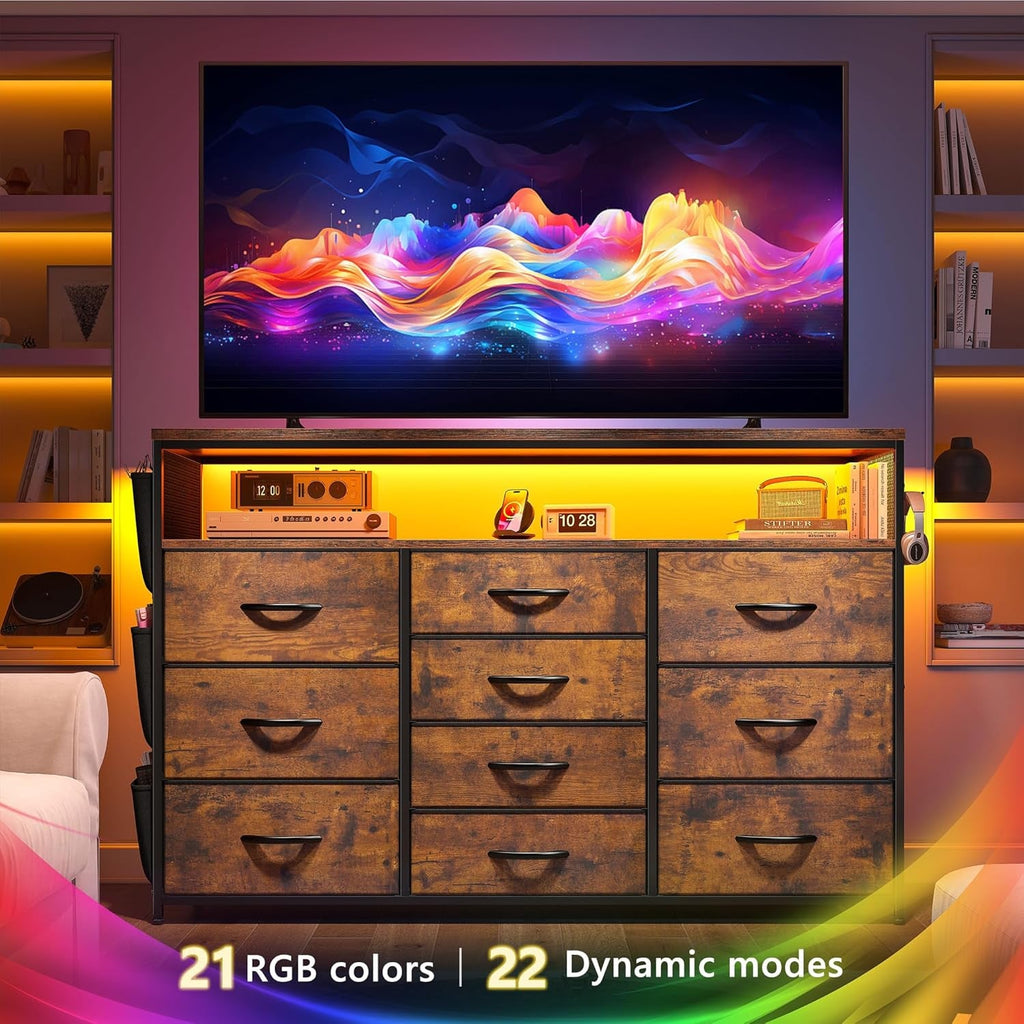 55In TV Stand Dresser With 10 Fabric Drawers And LED Lights