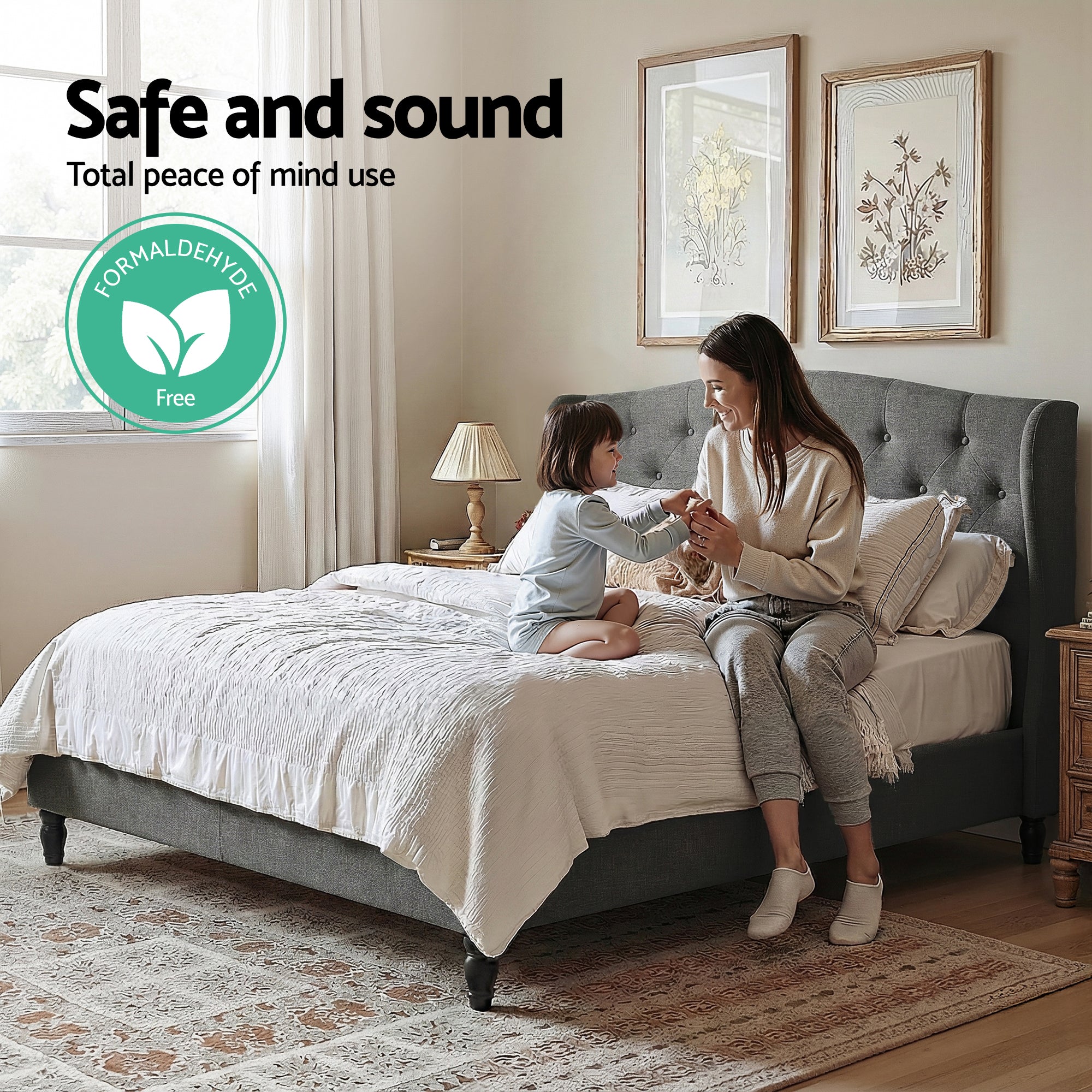 Artiss Double Bed Frame with Wingback Headboard Grey Linen Upholstered Platform Bed Base