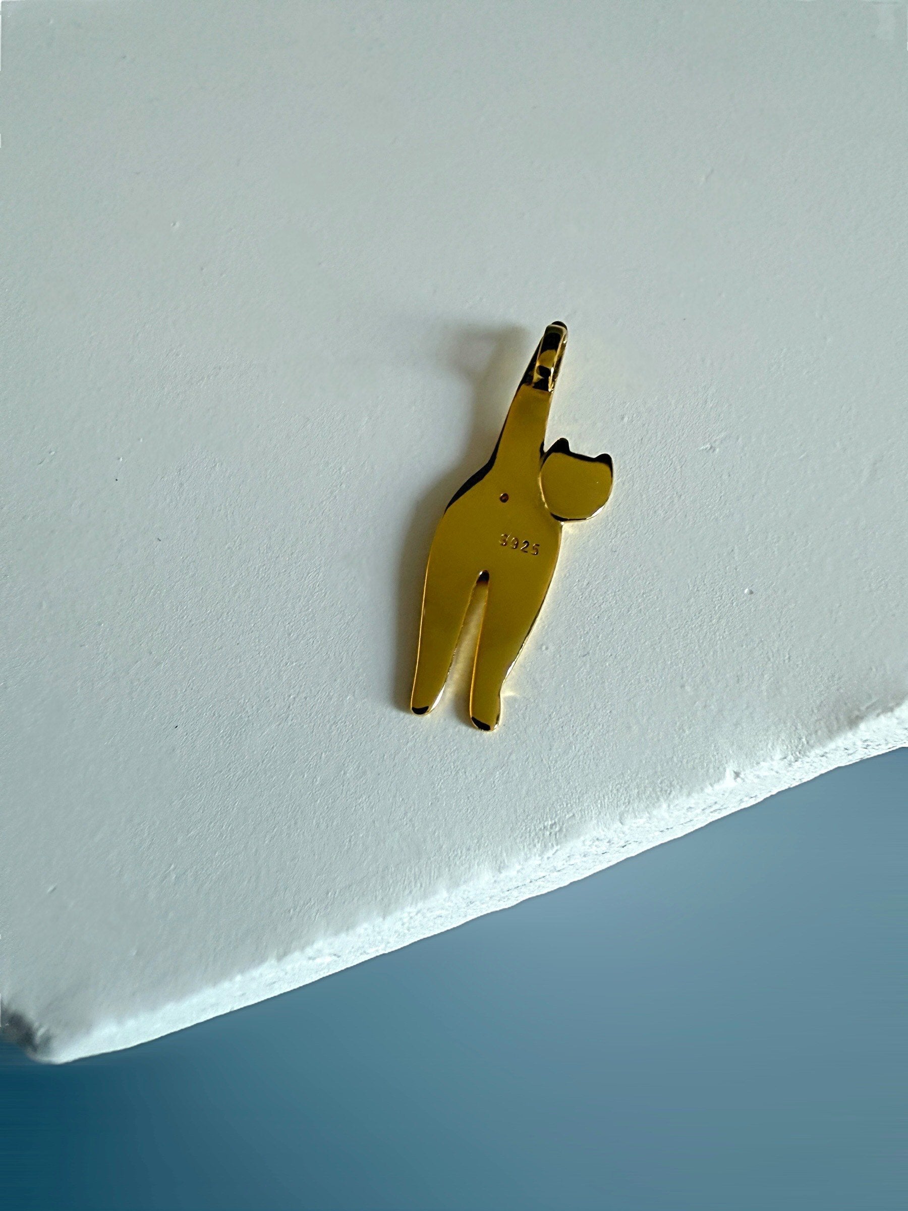 925 Sterling Silver Funny Cat Pendant  18K Gold Plated Cat Lover Gift