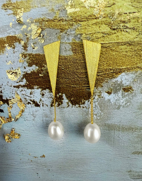 18 K Gold 925 Sterling Silver Geometric Pearl Drop Earrings – Elegant & Minimalist