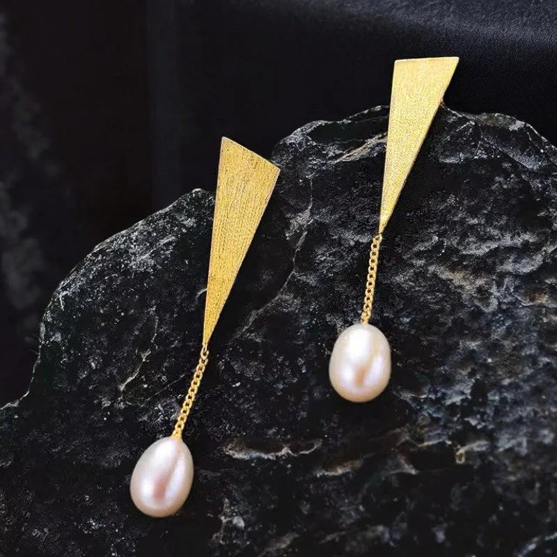 18 K Gold 925 Sterling Silver Geometric Pearl Drop Earrings – Elegant & Minimalist