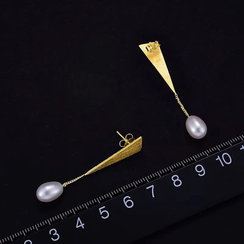 18 K Gold 925 Sterling Silver Geometric Pearl Drop Earrings – Elegant & Minimalist