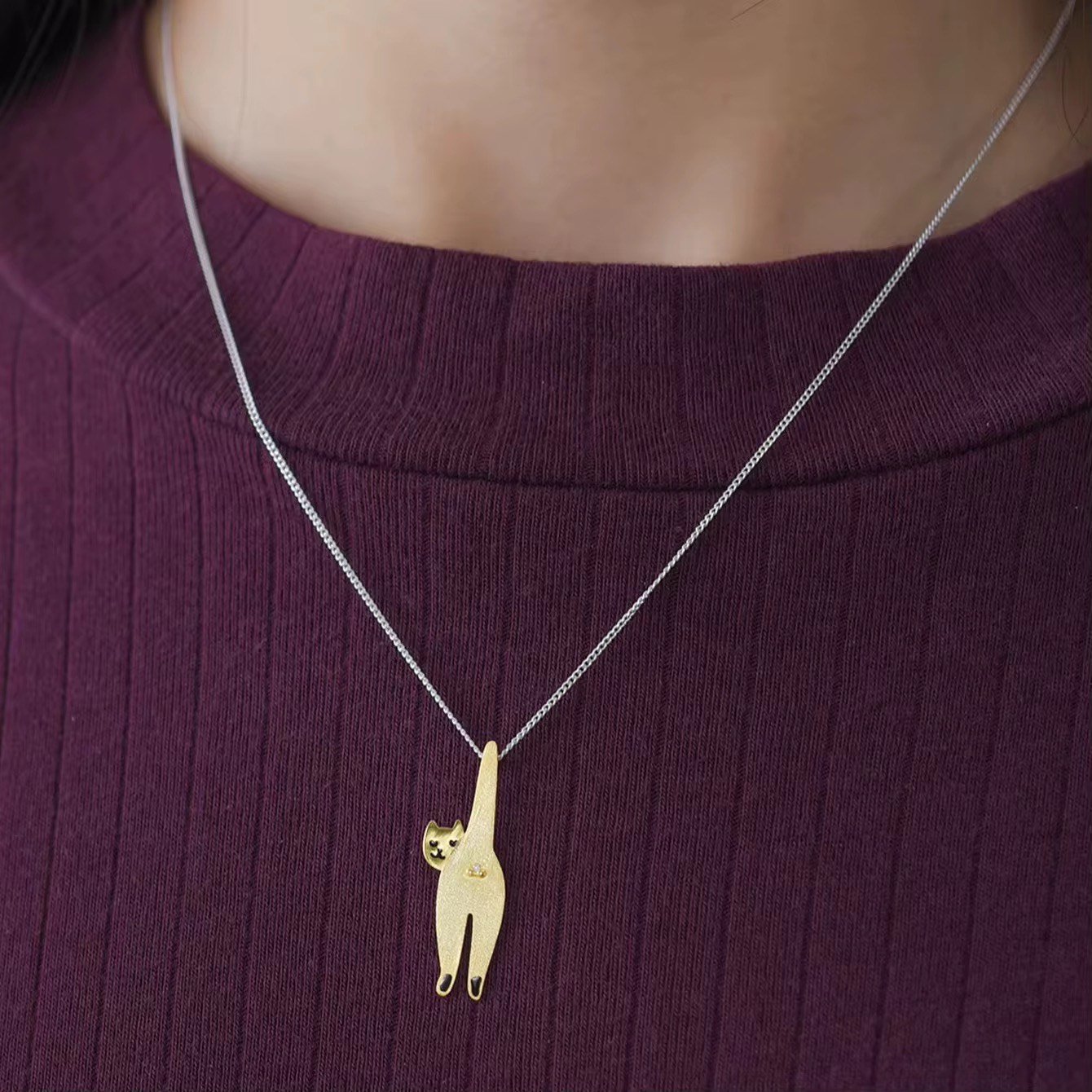 925 Sterling Silver Funny Cat Pendant  18K Gold Plated Cat Lover Gift