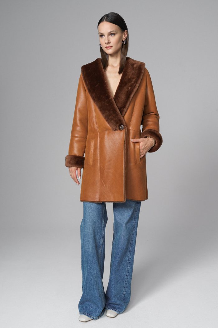 Amber Lambskin Midi Coat with Merino Fur Collar