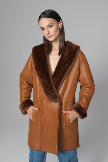Amber Lambskin Midi Coat with Merino Fur Collar