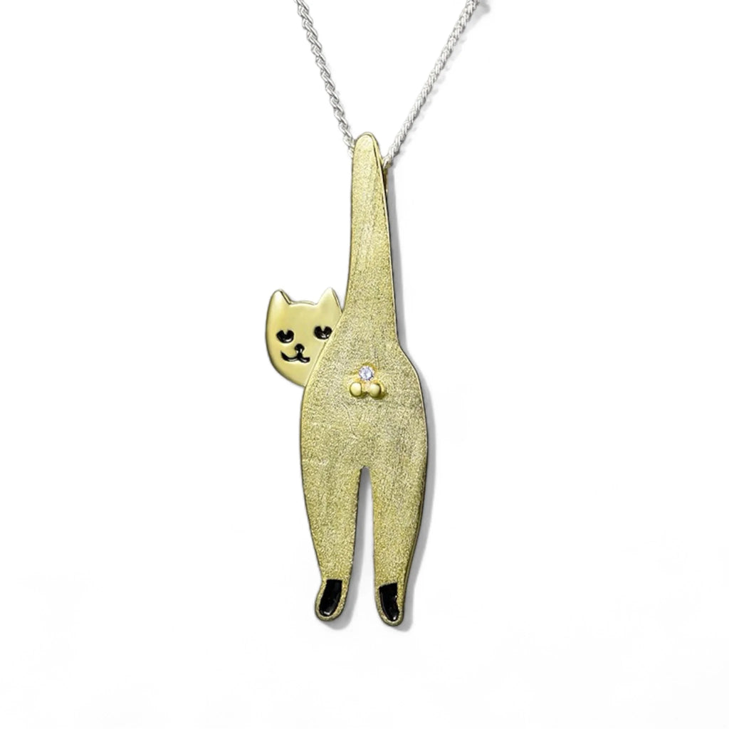 925 Sterling Silver Funny Cat Pendant  18K Gold Plated Cat Lover Gift