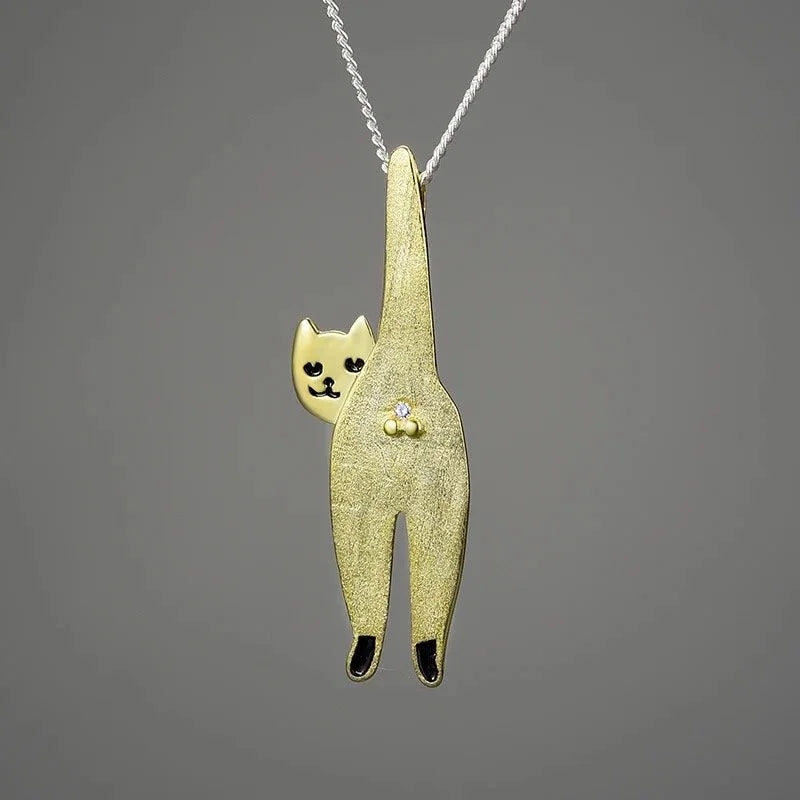 925 Sterling Silver Funny Cat Pendant  18K Gold Plated Cat Lover Gift